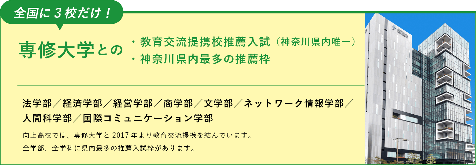 全国に3校だけ！専修大学との教育交流提携校推薦入試（神奈川県内唯一）・神奈川県内最多の推薦枠。[法学部／経済学部／経営学部／商学部／文学部／ネットワーク情報学部／人間科学部／国際コミュニケーション学部]向上高校では、専修大学と2017年より教育交流提携を結んでいます。全学部、全学科に県内最多の推薦入試枠があります。